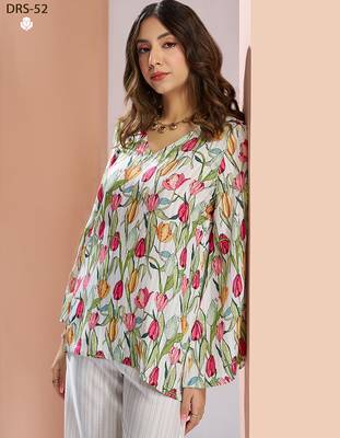 Elegant white floral printed co-ord set with stylish tulip motif 4