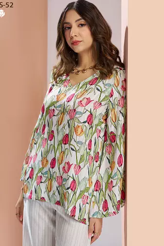 Elegant white floral printed co-ord set with stylish tulip motif