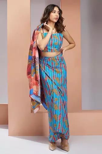 Aqua blue pure muslin printed co-ord set