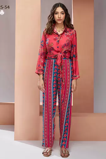 Coral pink printed co-ord set for women