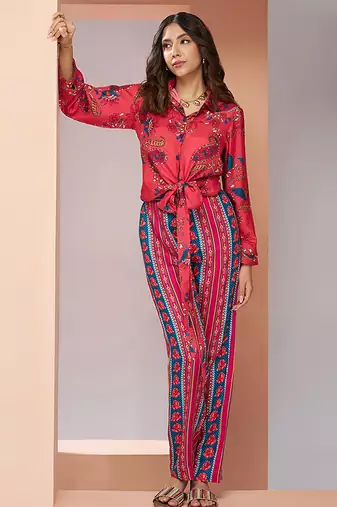 Coral pink printed co-ord set for women