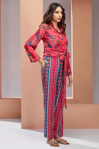 Coral pink printed co-ord set for women