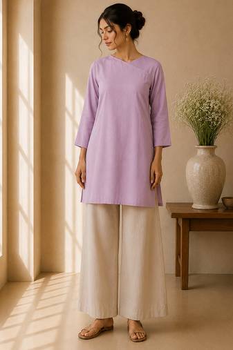 Lavender cotton plain casual kurta set for women