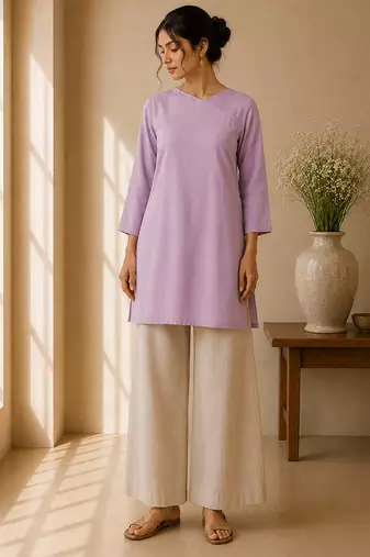Lavender cotton plain casual kurta set for women