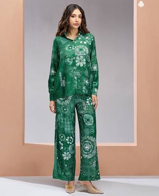 Elegant green printed muslin co-ord set 1