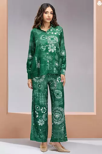 Elegant green printed muslin co-ord set