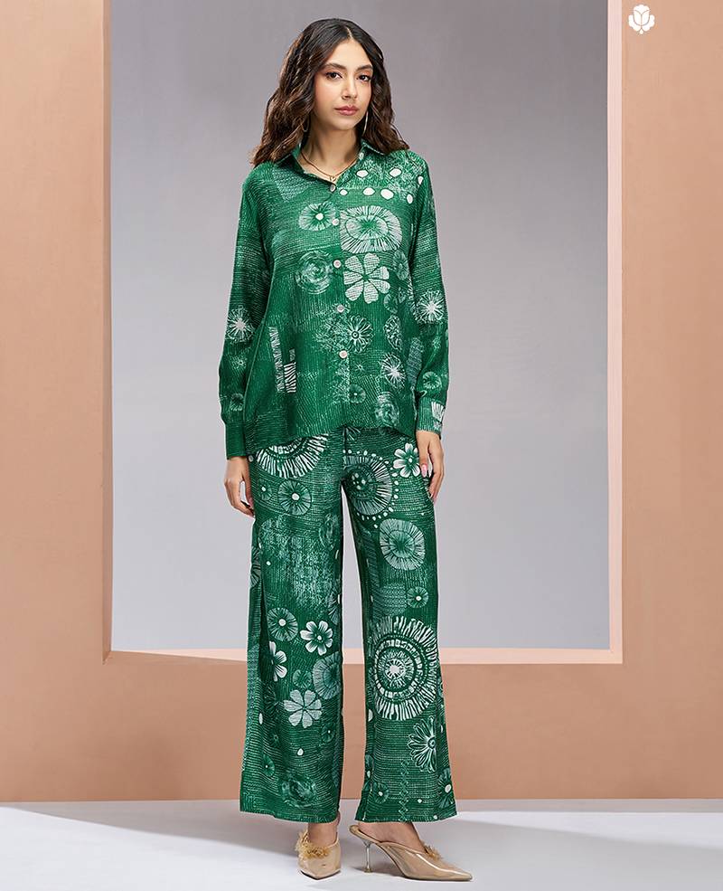 Elegant green printed muslin co-ord set