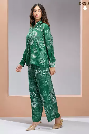 Elegant green printed muslin co-ord set