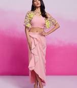 Elegant pastel pink floral embroidered co-ord set with cape