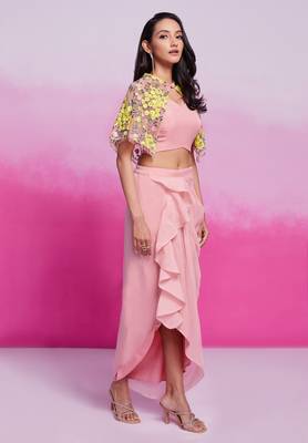 Elegant pastel pink floral embroidered co-ord set with cape 2