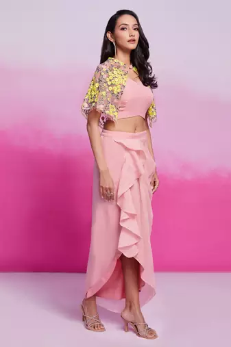Elegant pastel pink floral embroidered co-ord set with cape