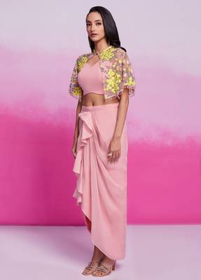 Elegant pastel pink floral embroidered co-ord set with cape 3