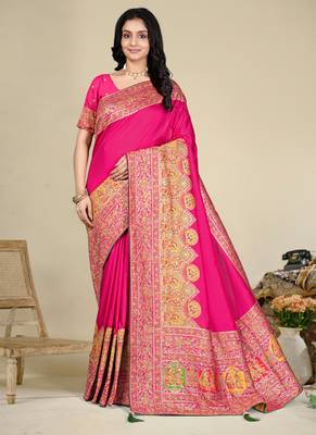 Premium light rani pink row pashmina silk blend party wear saree with blouse 1
