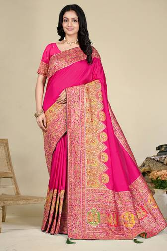 Premium light rani pink row pashmina silk blend party wear saree with blouse