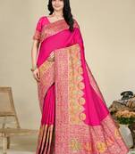 Premium light rani pink row pashmina silk blend party wear saree with blouse
