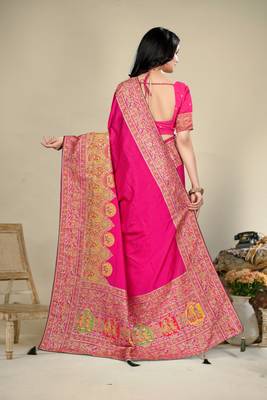 Premium light rani pink row pashmina silk blend party wear saree with blouse 2
