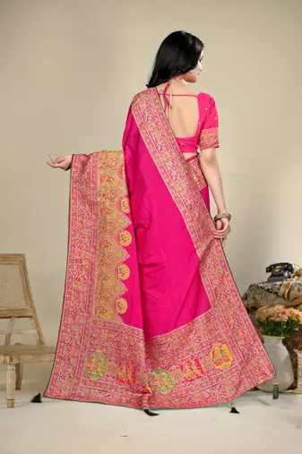 Premium light rani pink row pashmina silk blend party wear saree with blouse