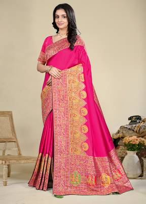 Premium light rani pink row pashmina silk blend party wear saree with blouse 3
