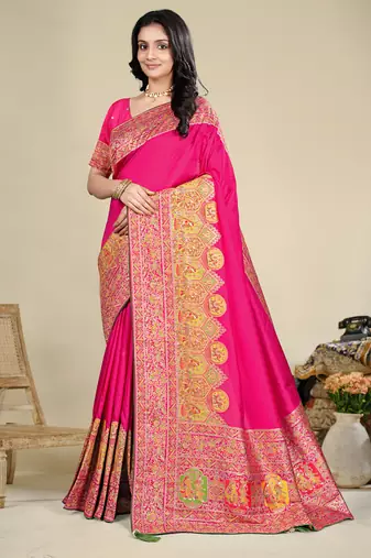 Premium light rani pink row pashmina silk blend party wear saree with blouse