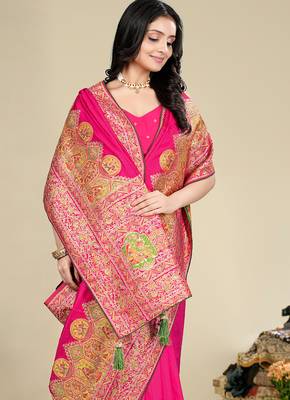Premium light rani pink row pashmina silk blend party wear saree with blouse 4