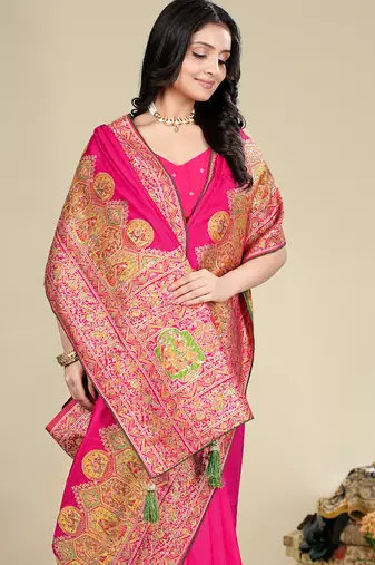 Premium light rani pink row pashmina silk blend party wear saree with blouse