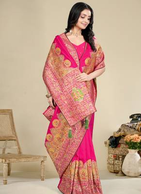 Premium light rani pink row pashmina silk blend party wear saree with blouse 5