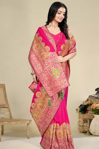 Premium light rani pink row pashmina silk blend party wear saree with blouse