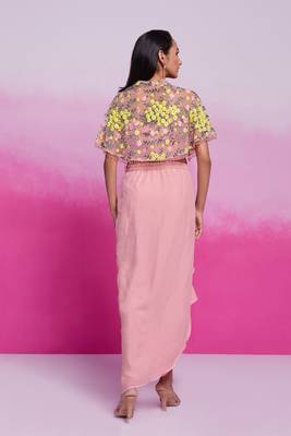 Elegant pastel pink floral embroidered co-ord set with cape 4
