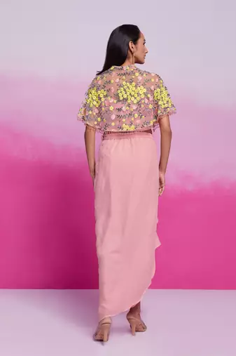 Elegant pastel pink floral embroidered co-ord set with cape