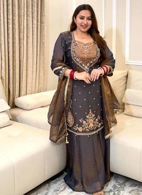 dark brown color beautiful embroidery and sequence work silk blend kurti palazzo set 1