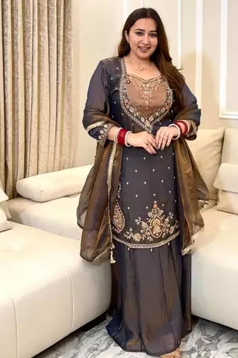 dark brown color beautiful embroidery and sequence work silk blend kurti palazzo set