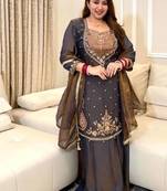 dark brown color beautiful embroidery and sequence work silk blend kurti palazzo set