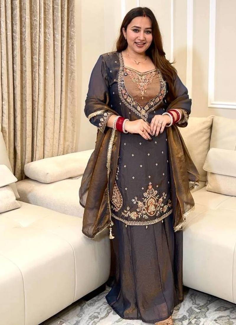 dark brown color beautiful embroidery and sequence work silk blend kurti palazzo set