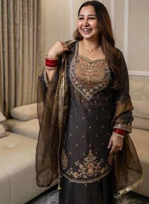 dark brown color beautiful embroidery and sequence work silk blend kurti palazzo set 2