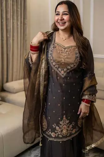 dark brown color beautiful embroidery and sequence work silk blend kurti palazzo set