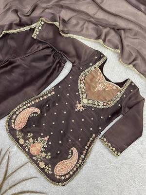 dark brown color beautiful embroidery and sequence work silk blend kurti palazzo set 3