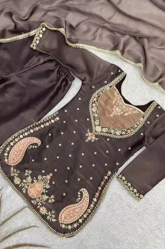 dark brown color beautiful embroidery and sequence work silk blend kurti palazzo set
