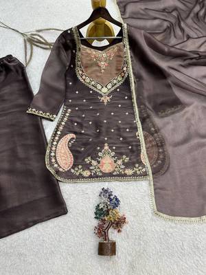 dark brown color beautiful embroidery and sequence work silk blend kurti palazzo set 4