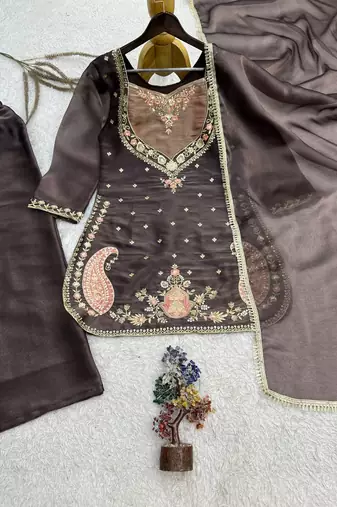 dark brown color beautiful embroidery and sequence work silk blend kurti palazzo set