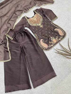 dark brown color beautiful embroidery and sequence work silk blend kurti palazzo set 5