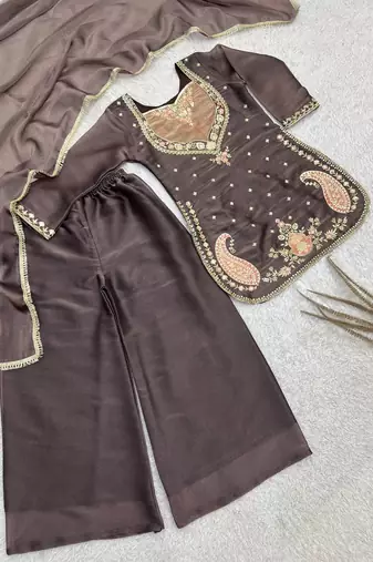 dark brown color beautiful embroidery and sequence work silk blend kurti palazzo set