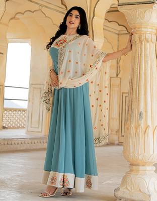Aqua blue georgette embroidered gown with cream dupatta for festive elegance 1