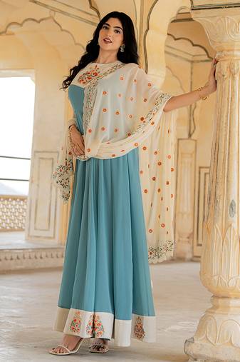 Aqua blue georgette embroidered gown with cream dupatta for festive elegance