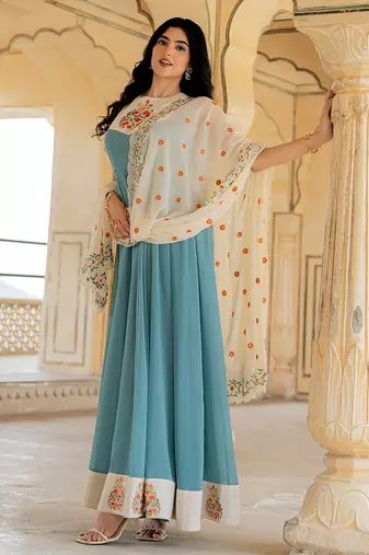Aqua blue georgette embroidered gown with cream dupatta for festive elegance