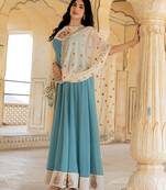 Aqua blue georgette embroidered gown with cream dupatta for festive elegance