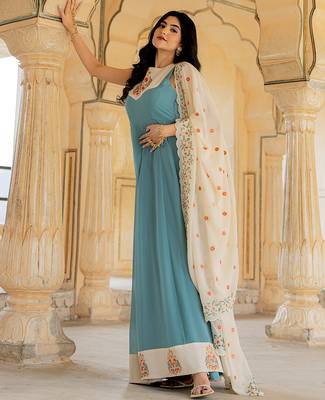 Aqua blue georgette embroidered gown with cream dupatta for festive elegance 2