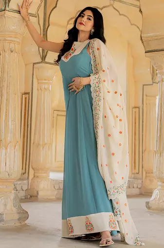 Aqua blue georgette embroidered gown with cream dupatta for festive elegance