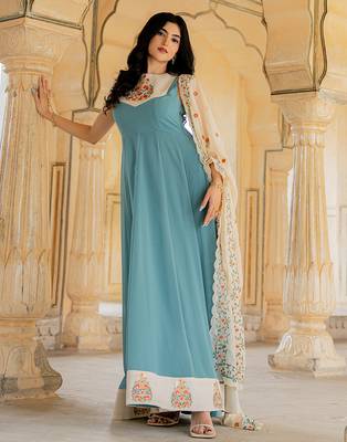 Aqua blue georgette embroidered gown with cream dupatta for festive elegance 3