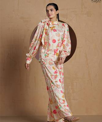 Elegant cream co-ord set with abstract floral and artistic print design 1