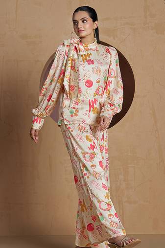 Elegant cream co-ord set with abstract floral and artistic print design
